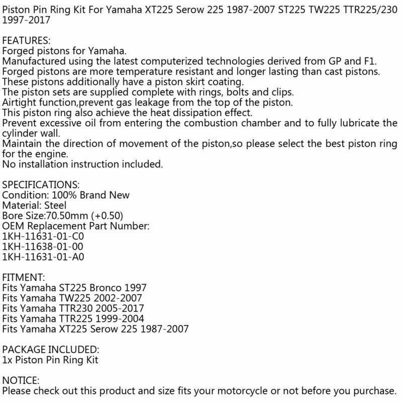 1987-2007 Yamaha XT225 Serow 225 1997-2017 ST225 TW225 Kit di fasce elastiche per perno pistone TTR225/230