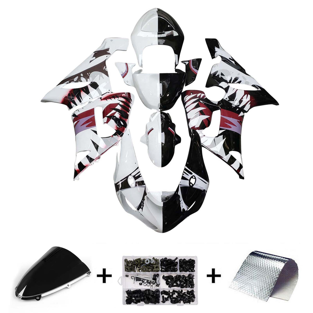 Amotopart 2005-2006 Kawasaki ZX6R 636 Kit de carenado blanco negro rojo