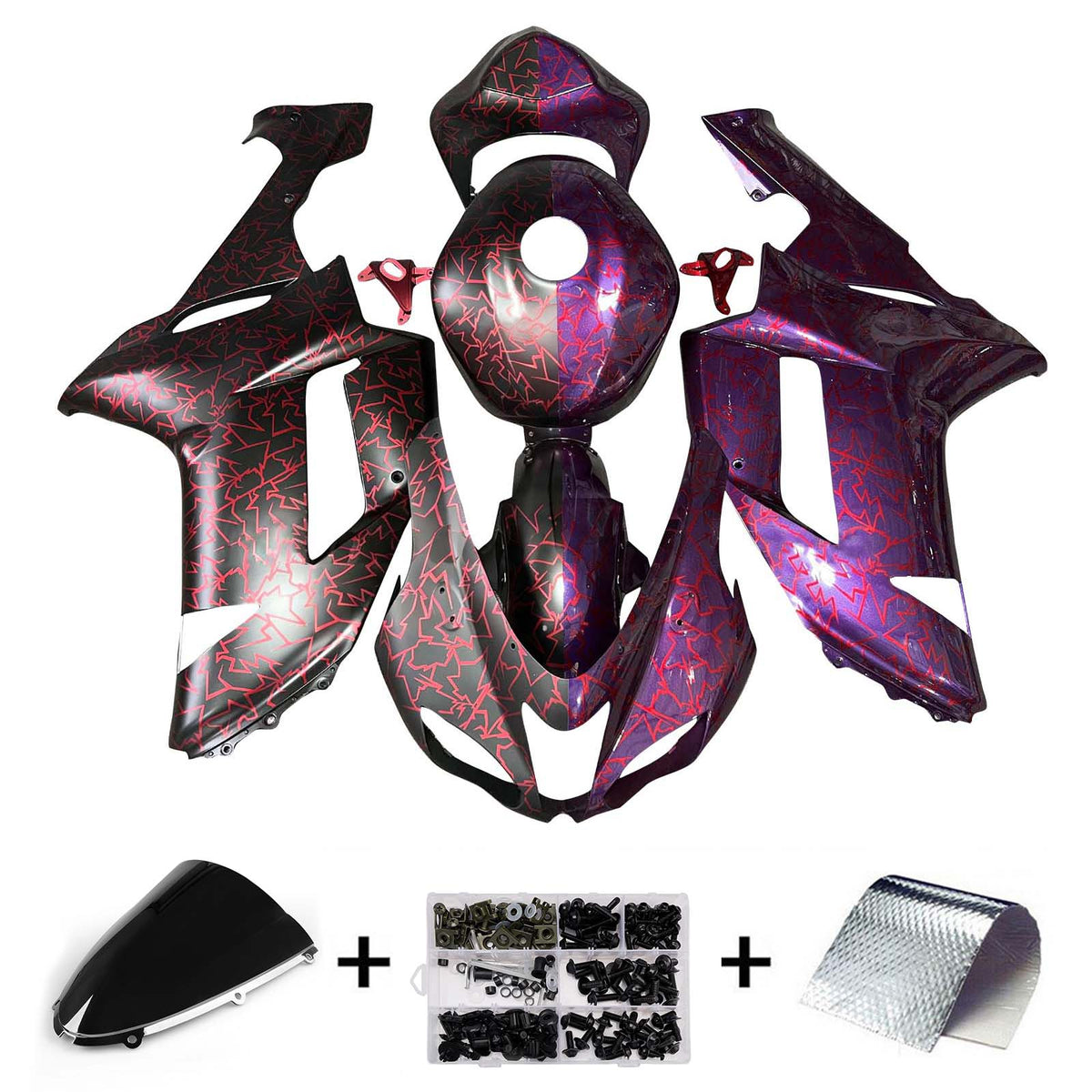 Amotopart 2007-2008 Kawasaki ZX6R 636 Sort Pink Lilla Fairing Kit