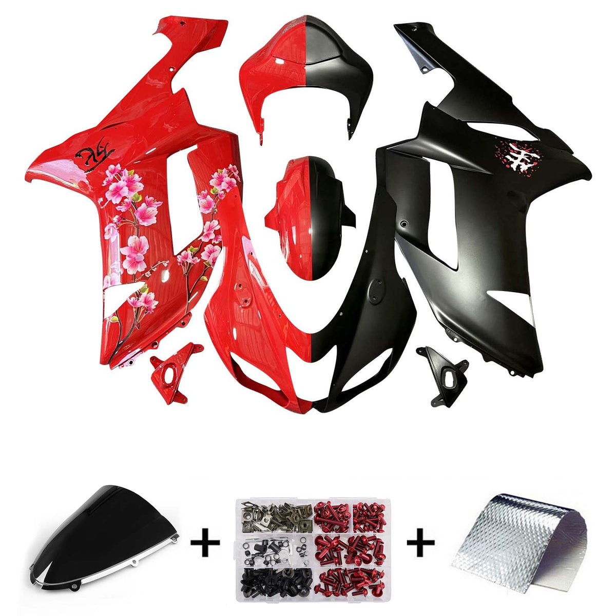 Amotopart 2007-2008 Kawasaki ZX6R 636 Red Black Pink Fairing Kit