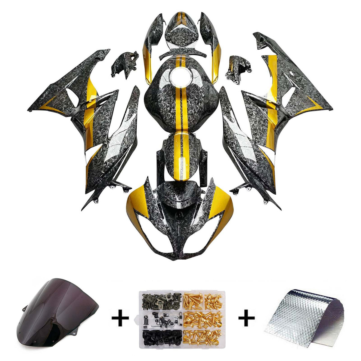 Amotopart 2009-2012 Kawasaki ZX6R 636 Kit de carénage en fibre de carbone forgé noir jaune
