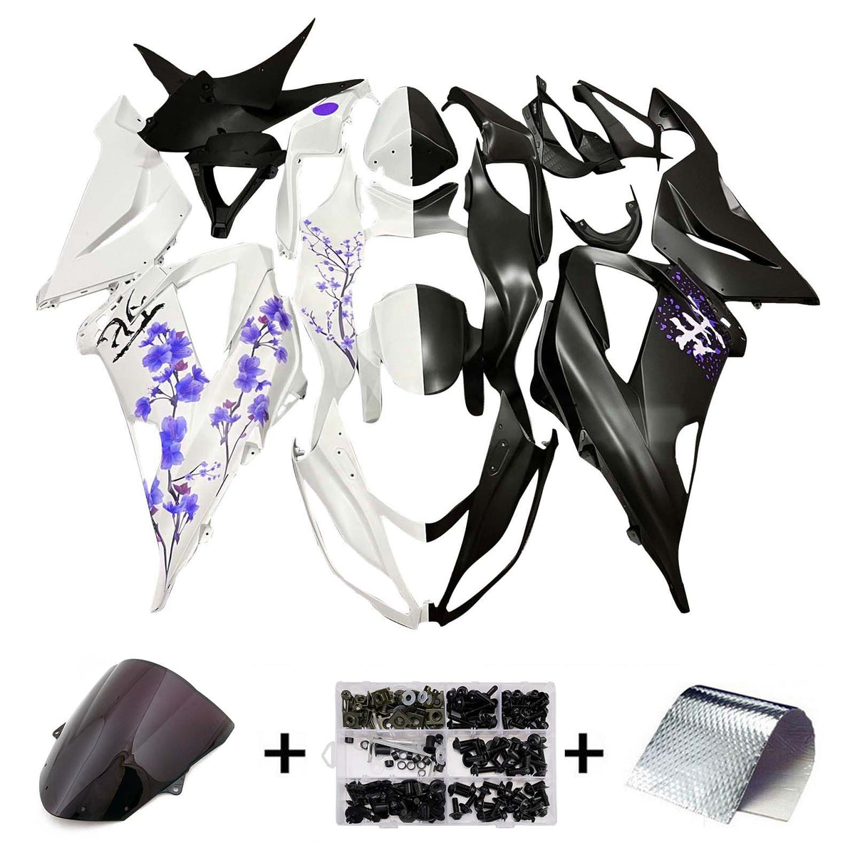 Amotopart 2013–2018 Kawasaki ZX6R 636 Weiß Schwarz Lila Verkleidungsset