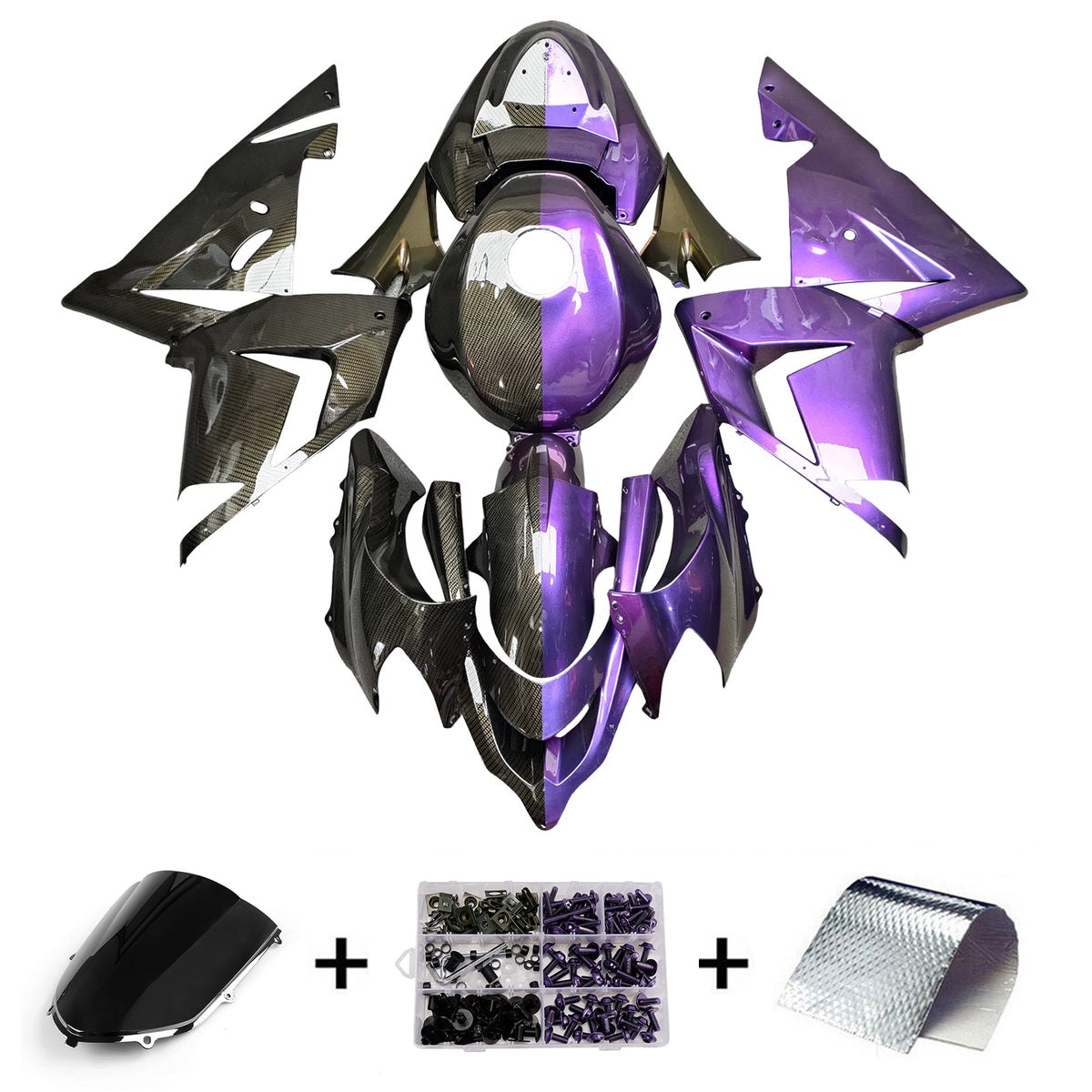 Amotopart 2004-2005 Kawasaki ZX10R Black Purple Carbon Fiber Pattern Fairing Kit