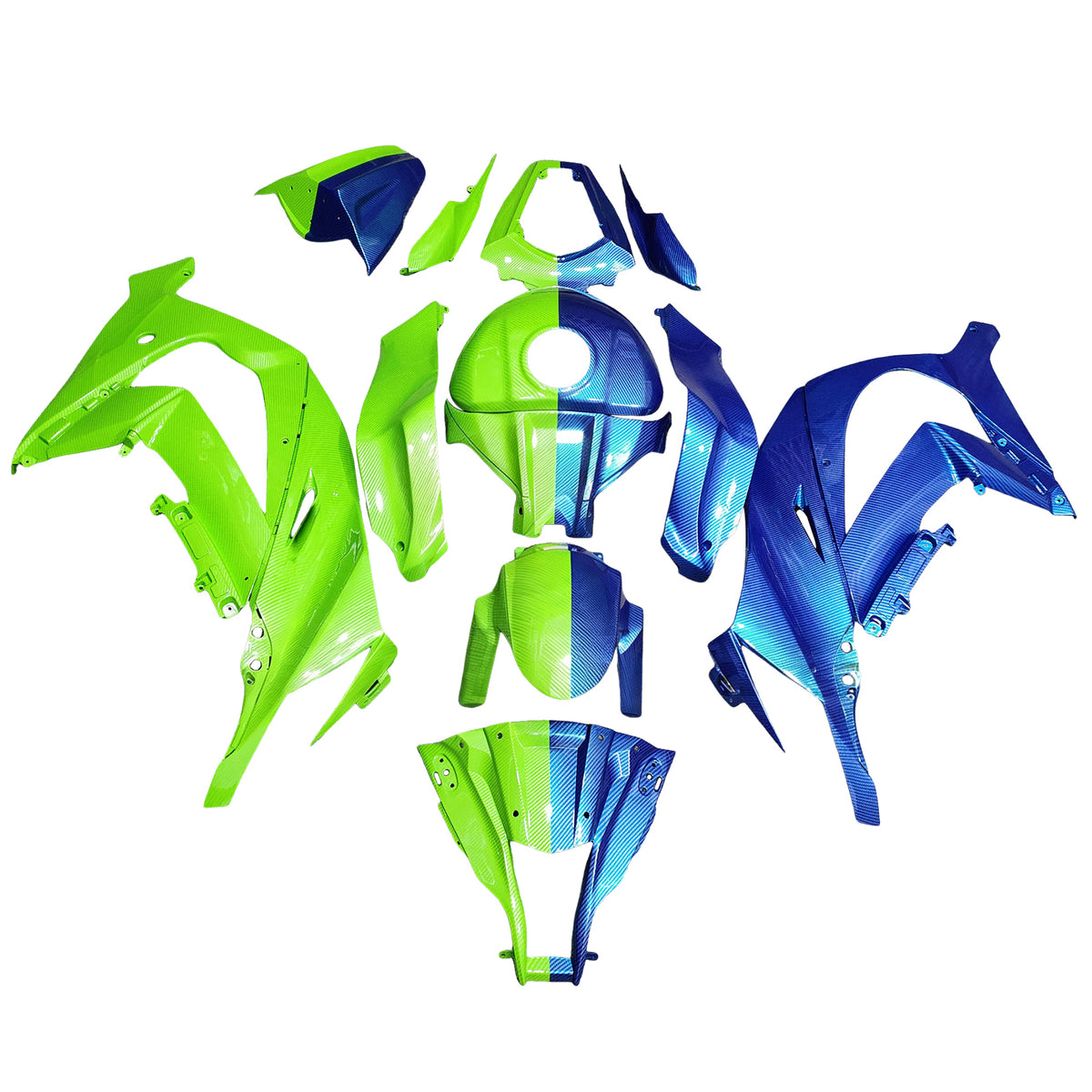 Amotopart 2011-2015 Kawasaki ZX10R Green Blue Carbon Fiber Pattern Fairing Kit
