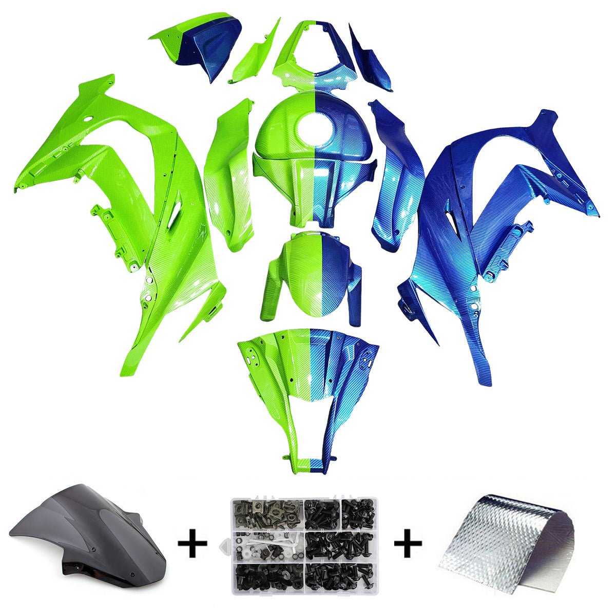 Amotopart 2011-2015 Kawasaki ZX10R Green Blue Carbon Fiber Pattern Fairing Kit