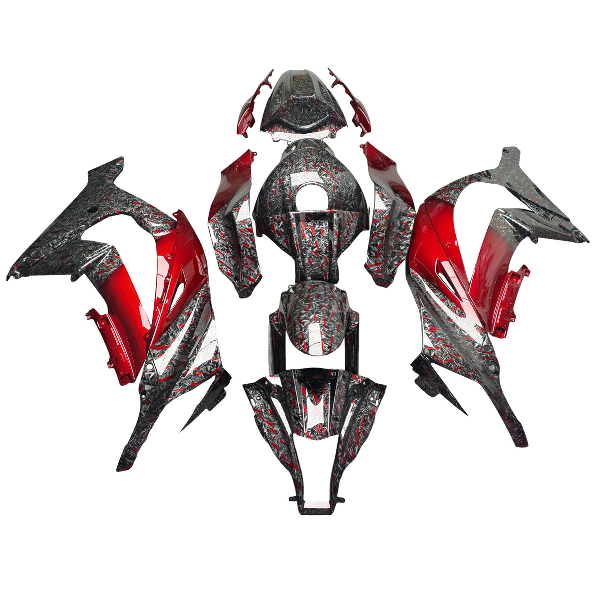 Amotopart 2011–2015 Kawasaki ZX10R Schwarz Rot Verkleidungsset mit geschmiedetem Karbonfasermuster