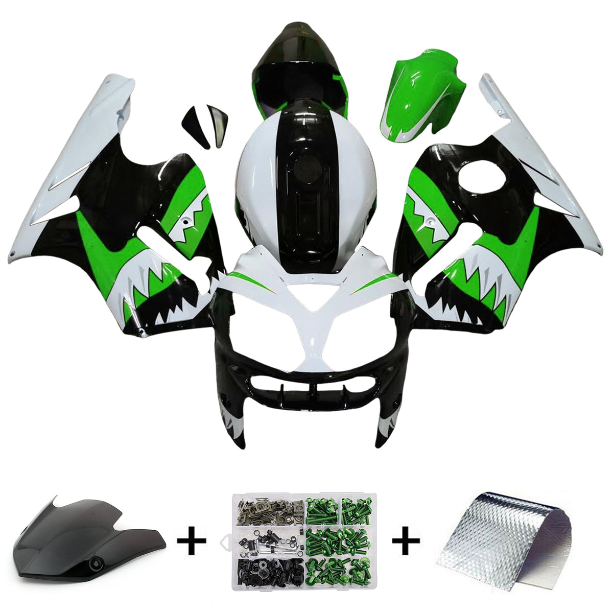 Amotopart 2002–2005 Kawasaki ZX12R Weiß Schwarz Grün Verkleidungsset