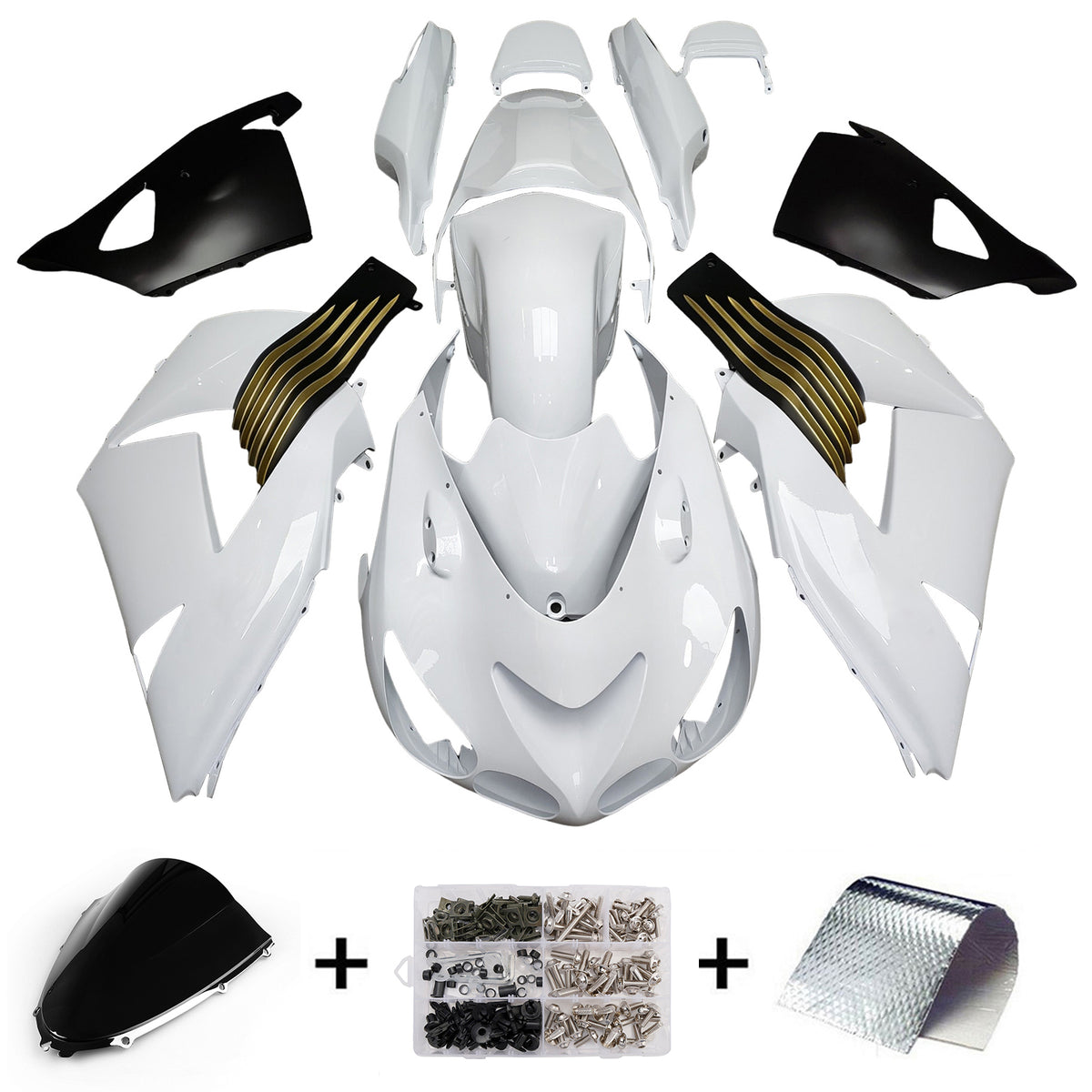 Amotopart 2006-2011 Kawasaki ZX14R ZZR1400 White Black Gold Fairing Kit