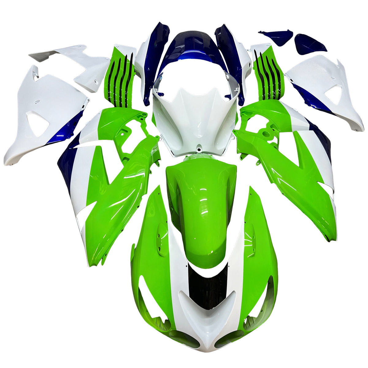 Amotopart 2006–2011 Kawasaki ZX14R ZZR1400 Grün Weiß Blau Verkleidungsset