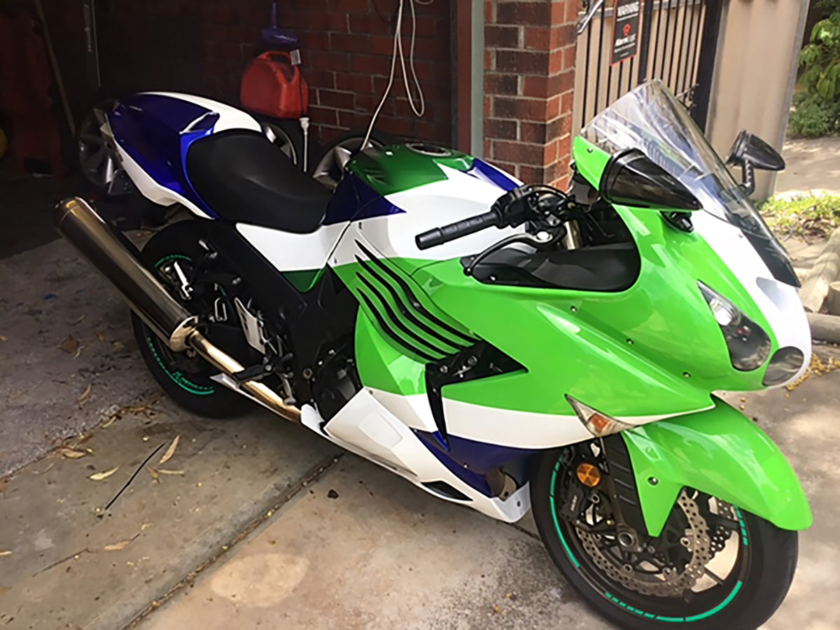 Amotopart 2006–2011 Kawasaki ZX14R ZZR1400 Grün Weiß Blau Verkleidungsset