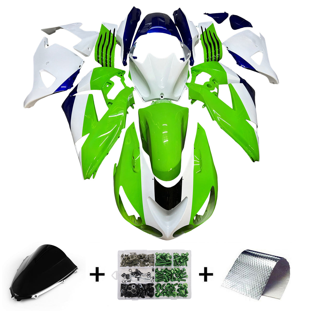 Amotopart 2006–2011 Kawasaki ZX14R ZZR1400 Grün Weiß Blau Verkleidungsset