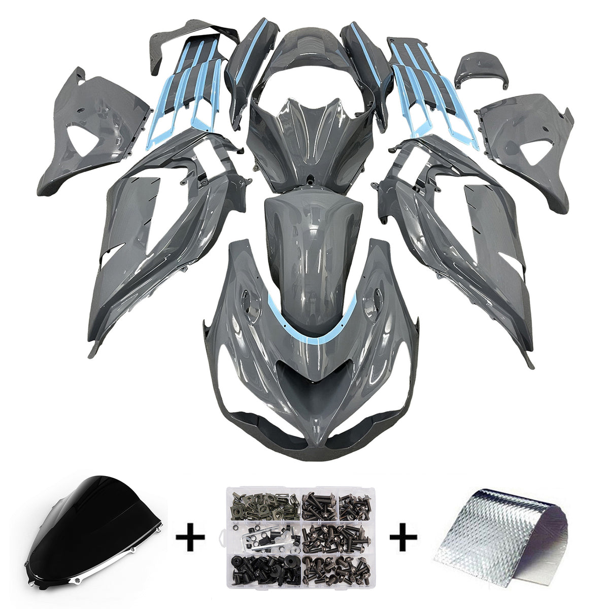 Amotopart 2012-2025 Kawasaki ZX14R ZZR1400 Gray Blue Black Fairing Kit