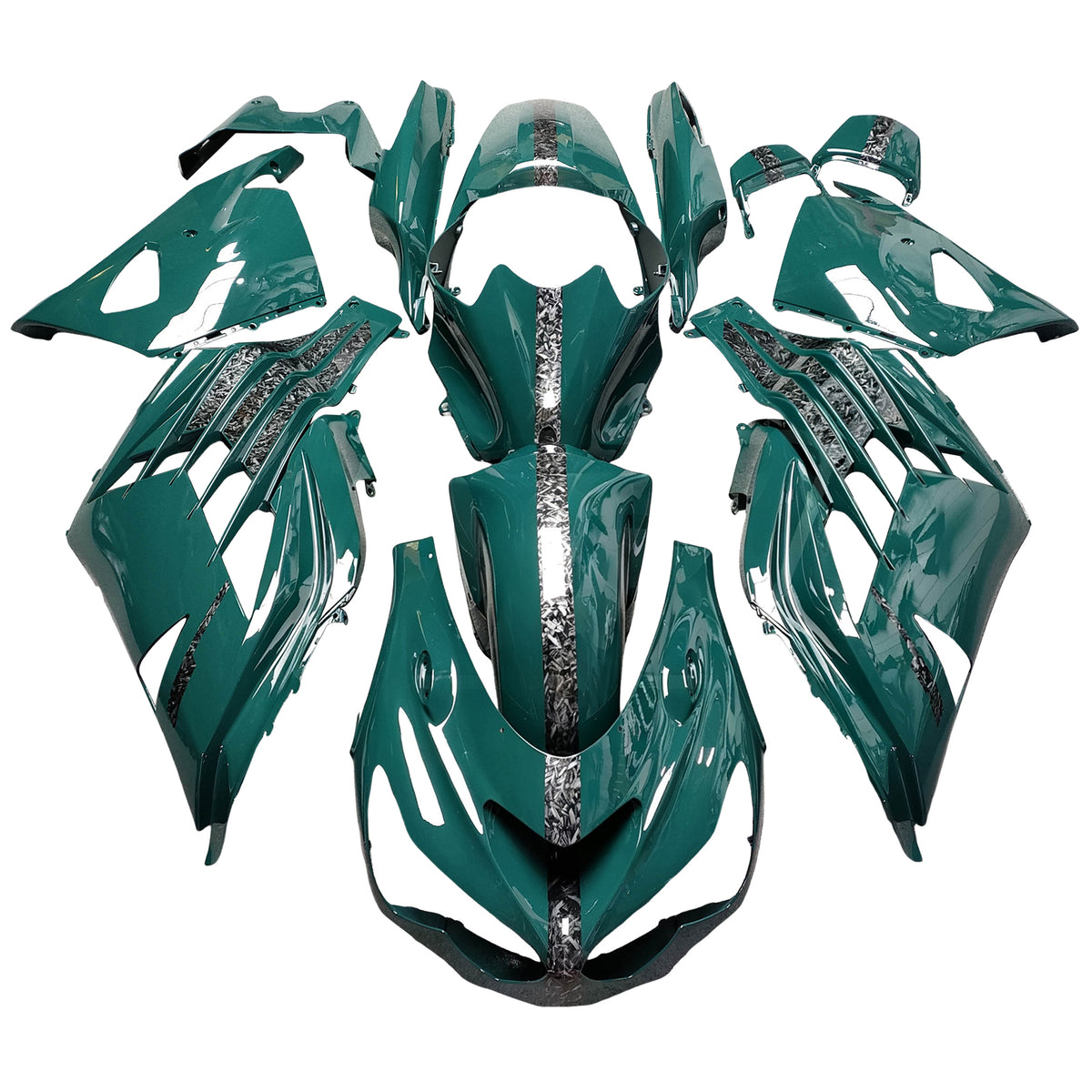 Amotopart 2012-2025 Kawasaki ZX14R ZZR1400 Teal Black Forged Carbon Fiber Pattern Fairing Kit