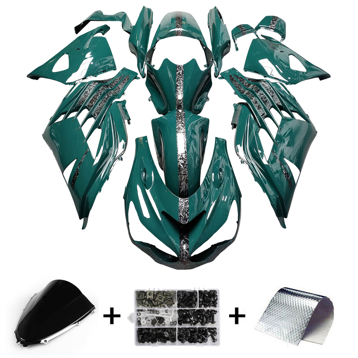Amotopart 2012-2025 Kawasaki ZX14R ZZR1400 Teal Black Forged Carbon Fiber Pattern Fairing Kit