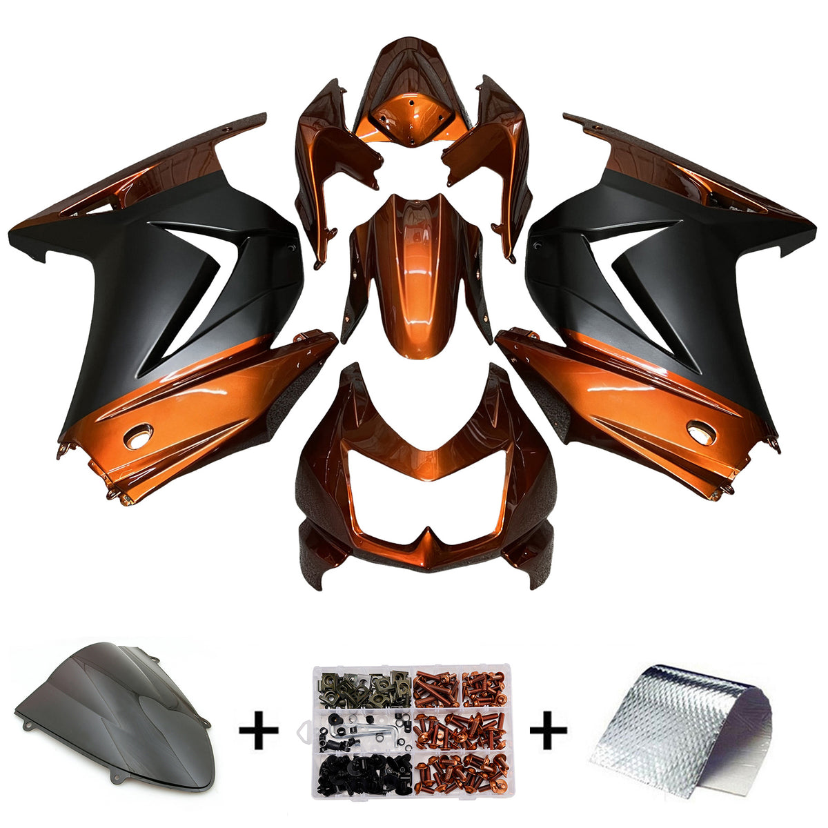 Amotopart 2008–2012 Kawasaki EX250 Ninja250R Orange Schwarz Verkleidungsset