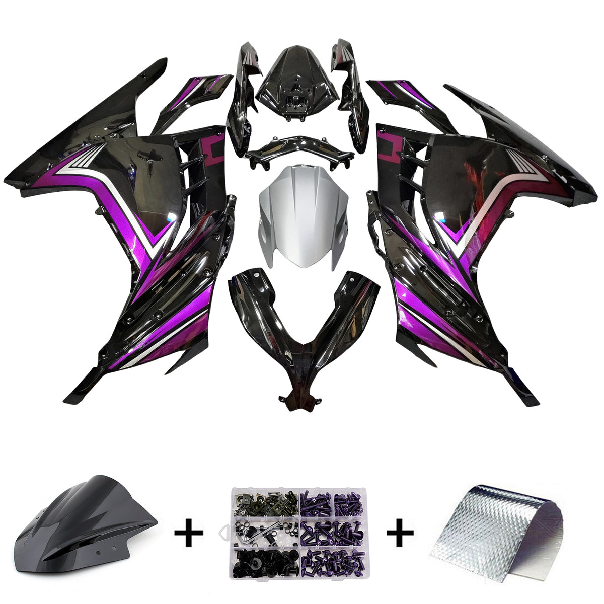Amotopart 2013-2024 Kit carena Kawasaki EX300 Ninja 300 nero viola argento