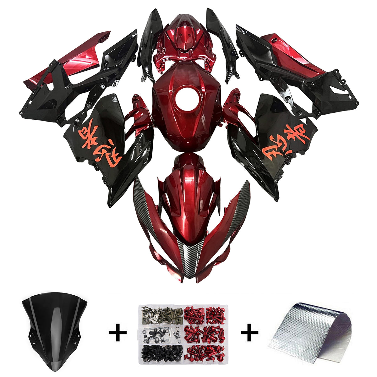 Amotopart 2018-2024 Kawasaki EX400 Ninja400 Red Black Carbon Fiber Pattern Fairing Kit