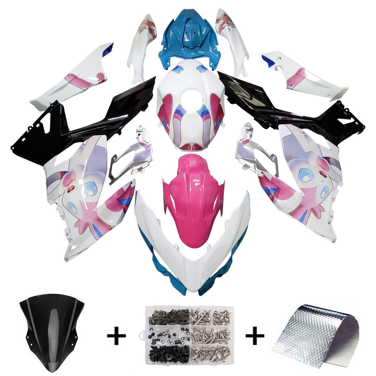 Amotopart 2018-2024 Kawasaki EX400 Ninja400 White Pink Blue Fairing Kit