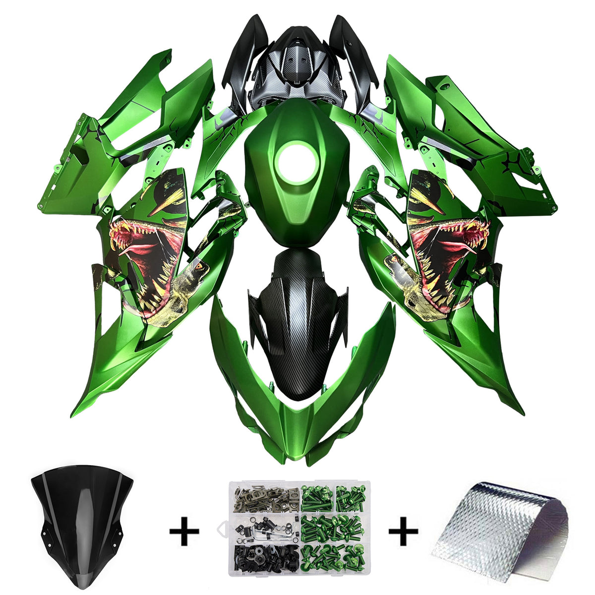 Amotopart 2018-2024 Kawasaki EX400 Ninja400 Kit de carénage vert noir