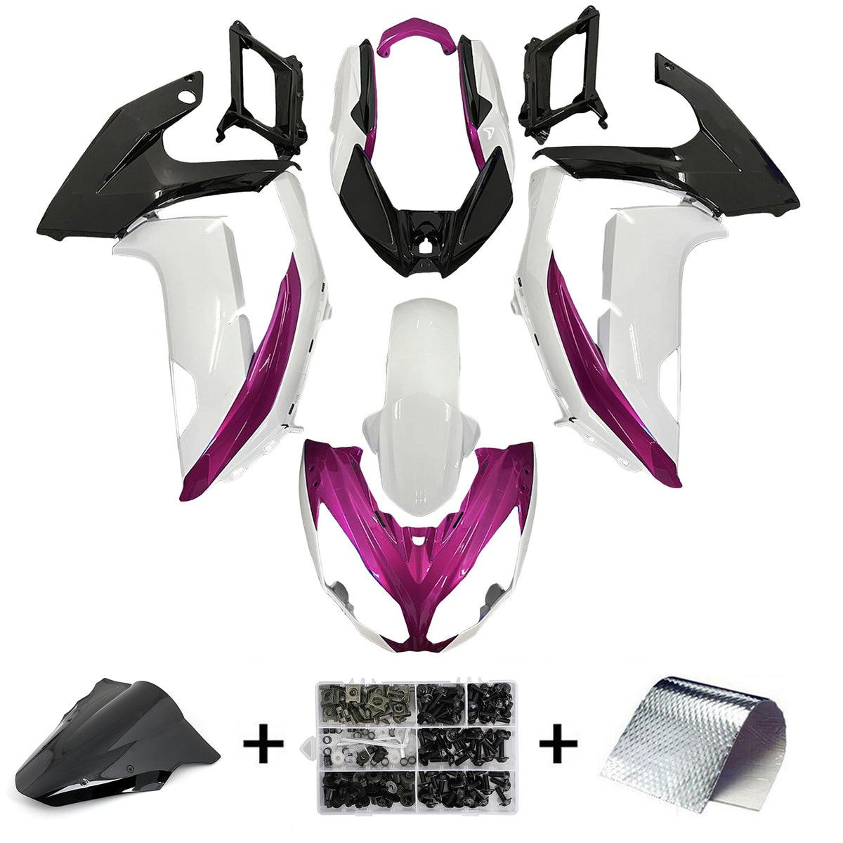 Amotopart 2012–2016 Kawasaki ER-6F Ninja650 Weiß Lila Schwarz Verkleidungsset