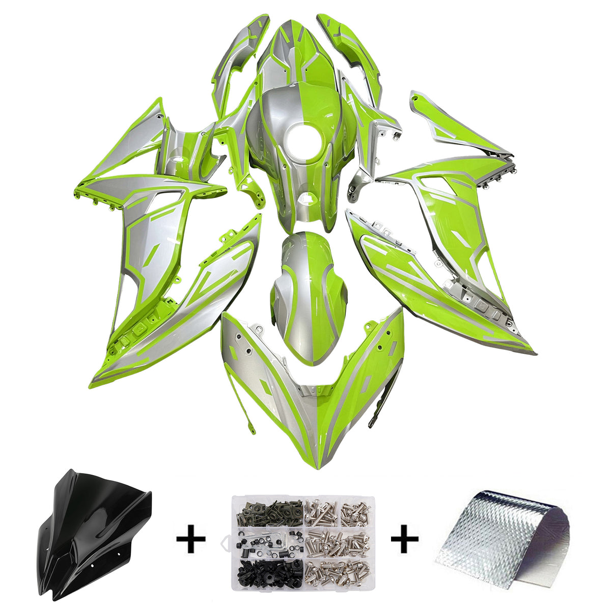 Amotopart 2017–2019 Kawasaki ER-6F Ninja650R Verkleidungsset in Limettengrün und Silber