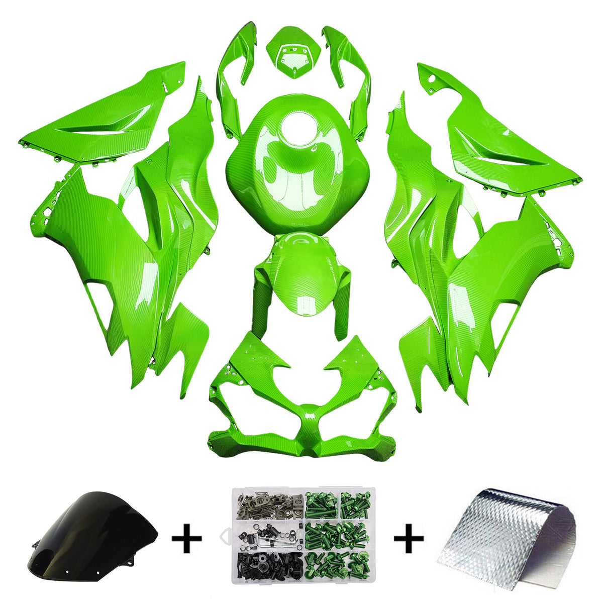 Zestaw owiewek Amotopart 2019-2023 Kawasaki ZX6R z zielonym wzorem włókna węglowego