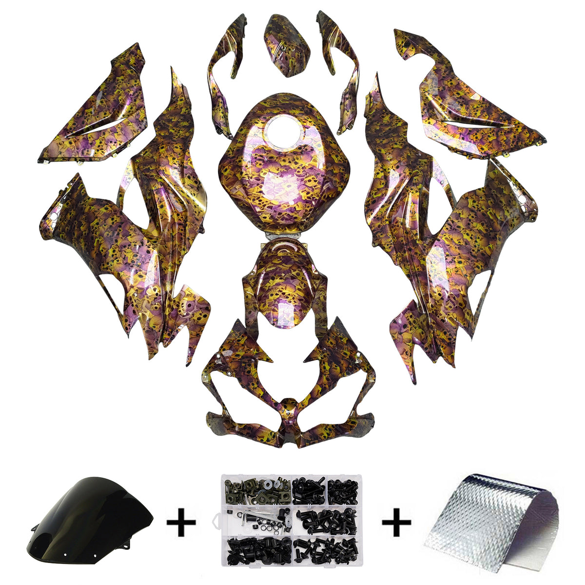 Amotopart 2019–2023 Kawasaki ZX6R Gold Lila Schwarz Karbonfaser-Muster-Verkleidungsset