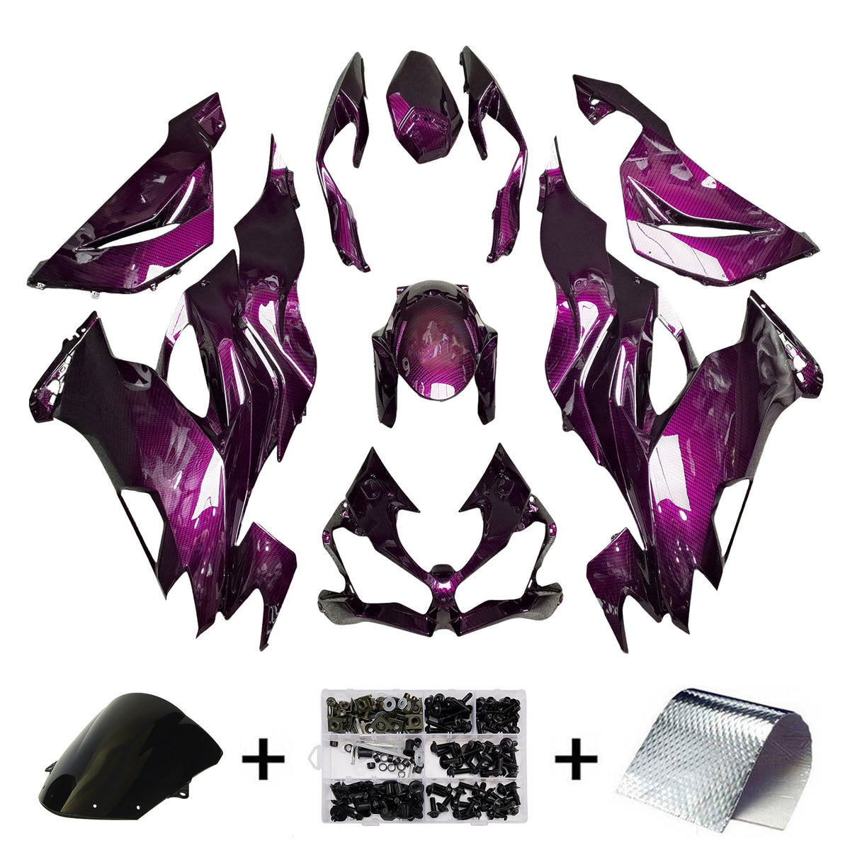 Amotopart 2019–2023 Kawasaki ZX6R Verkleidungsset mit violettem schwarzem Karbonfasermuster