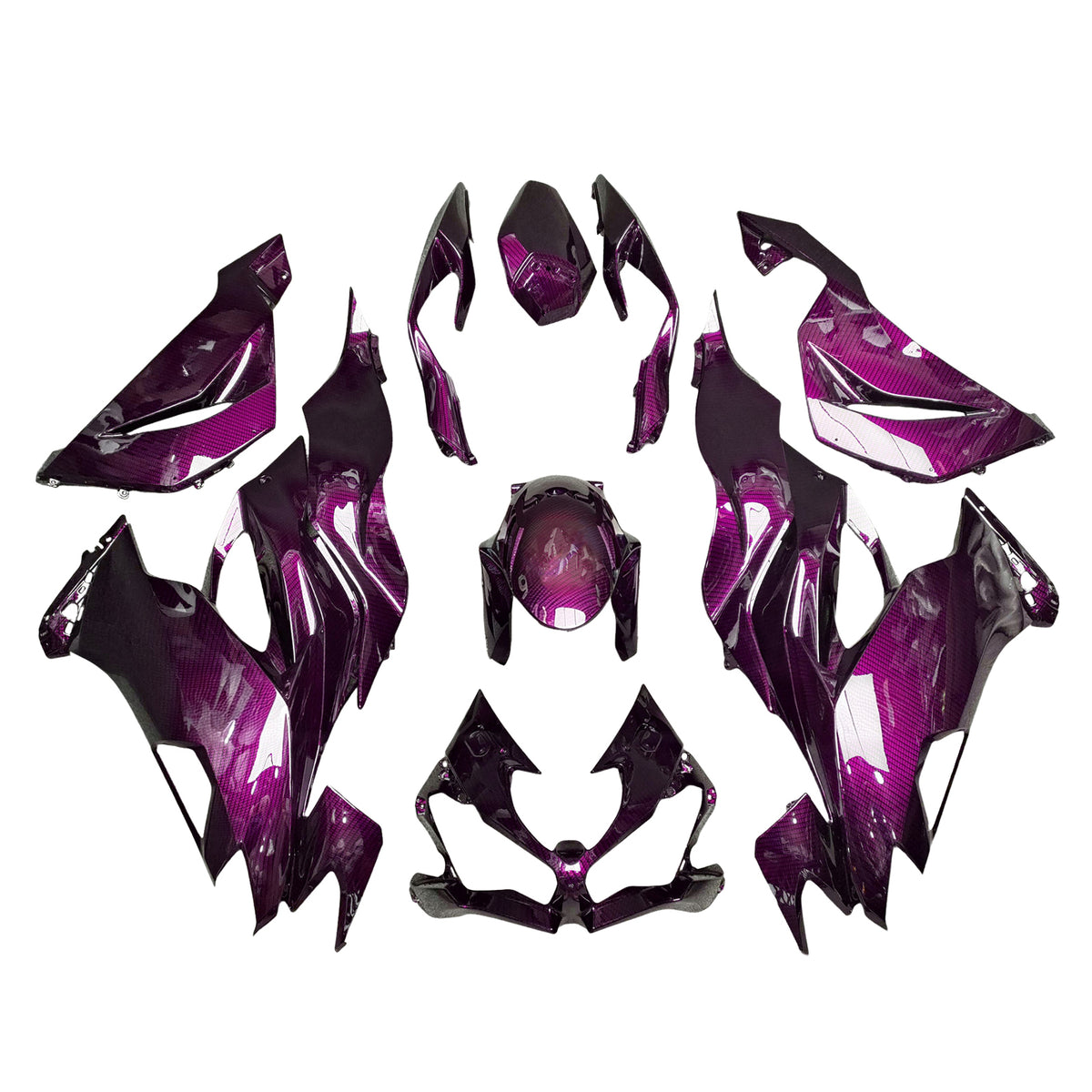 Amotopart 2019–2023 Kawasaki ZX6R Verkleidungsset mit violettem schwarzem Karbonfasermuster