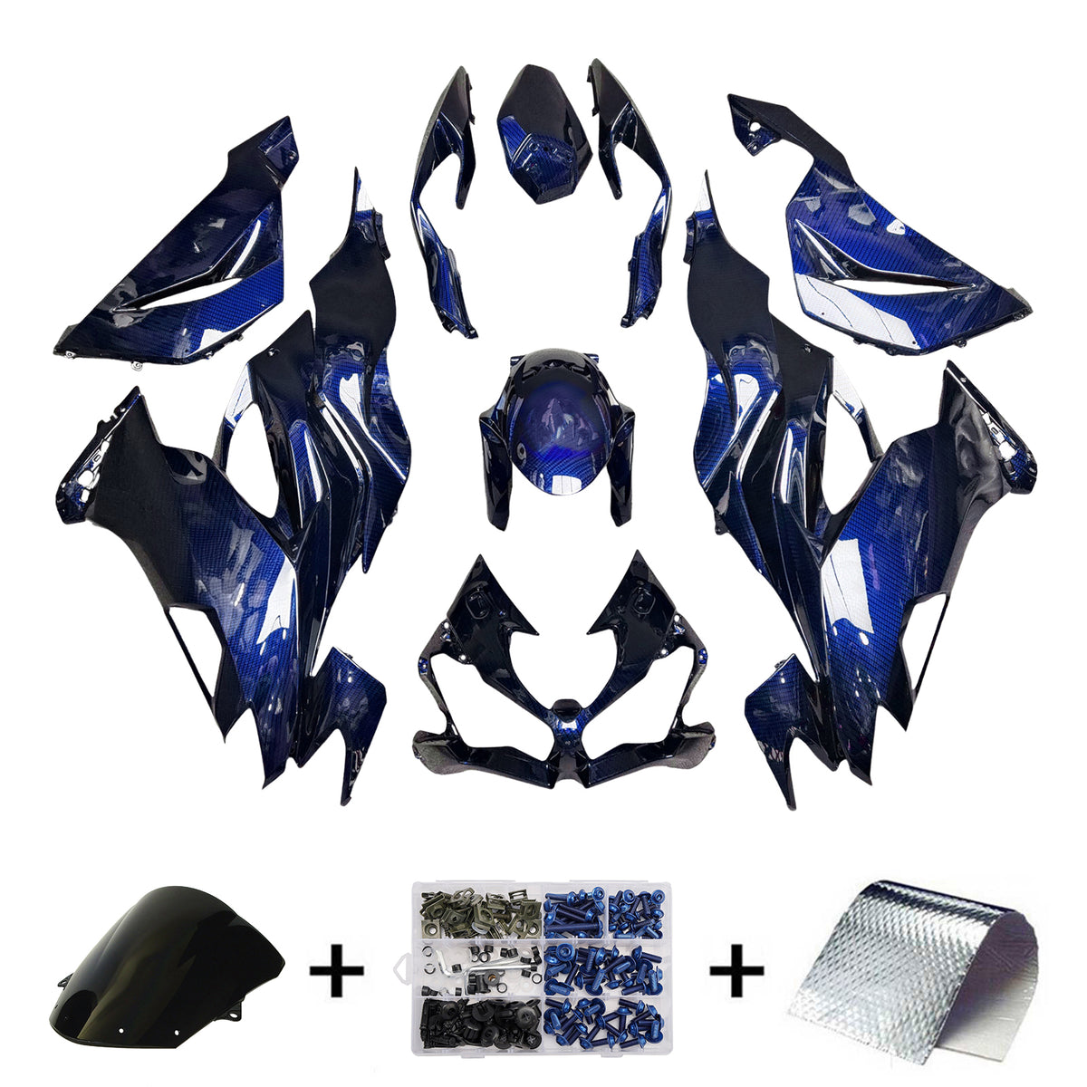 Amotopart 2019-2023 Kawasaki ZX6R Blue Black Carbon Fiber Pattern Fairing Kit