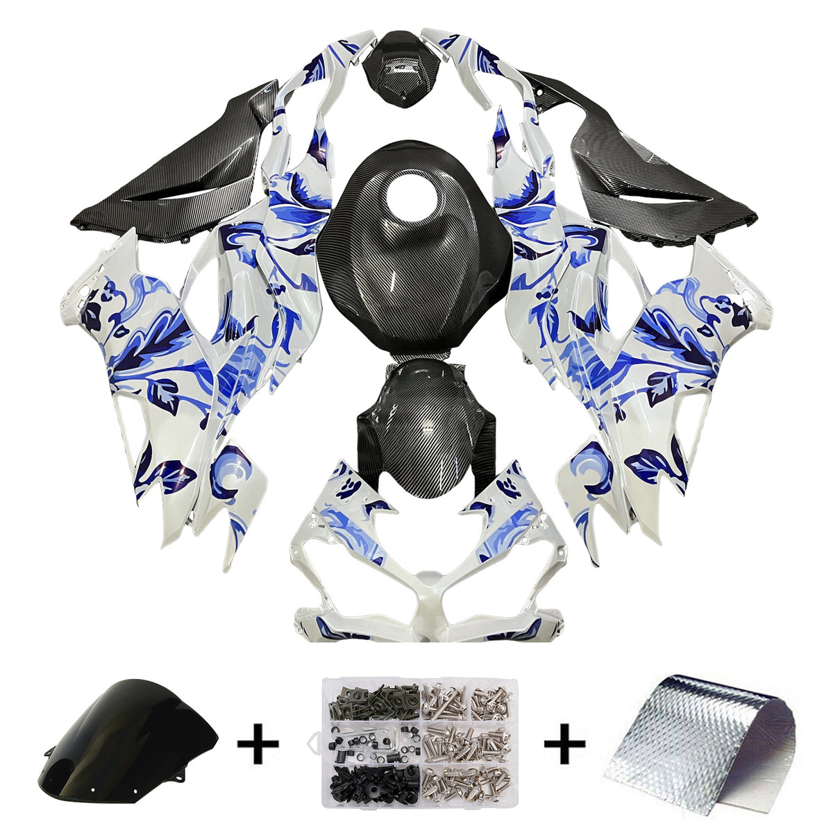 Amotopart 2019-2023 Kawasaki ZX6R wit blauw zwart kuipset met koolstofvezelpatroon