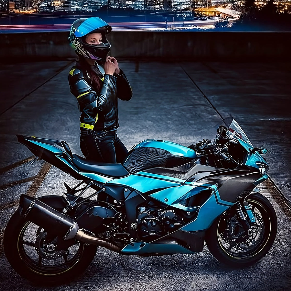 Amotopart Verkleidungsset für Kawasaki ZX6R 2019–2023, Blaugrün, Schwarz, Weiß, Kohlefasermuster