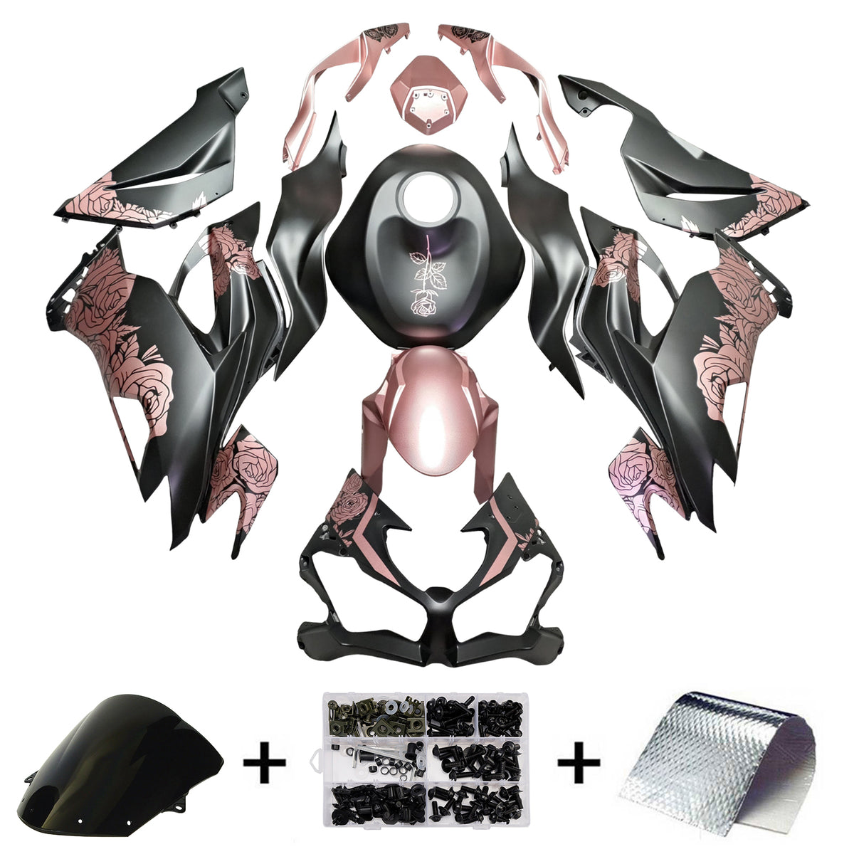 Amotopart 2019–2023 Kawasaki ZX6R Verkleidungsset in Schwarz und Roségold