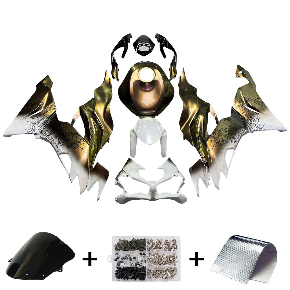 Amotopart 2019-2023 Kawasaki ZX6R Gold White Black Fairing Kit