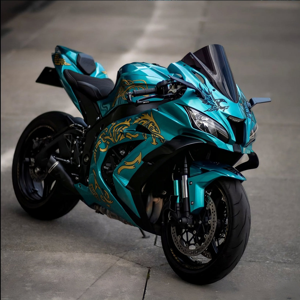 Zestaw owiewek Amotopart 2016-2020 Kawasaki ZX10R w kolorze turkusowo-złotym