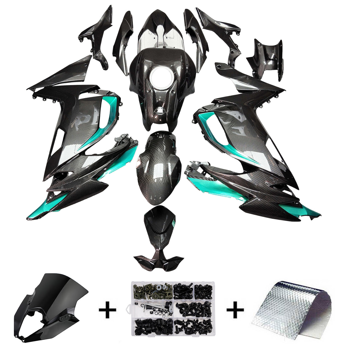 Amotopart 2020-2026 Kawasaki ER-6F Ninja650 Black Teal Carbon Fiber Pattern Fairing Kit