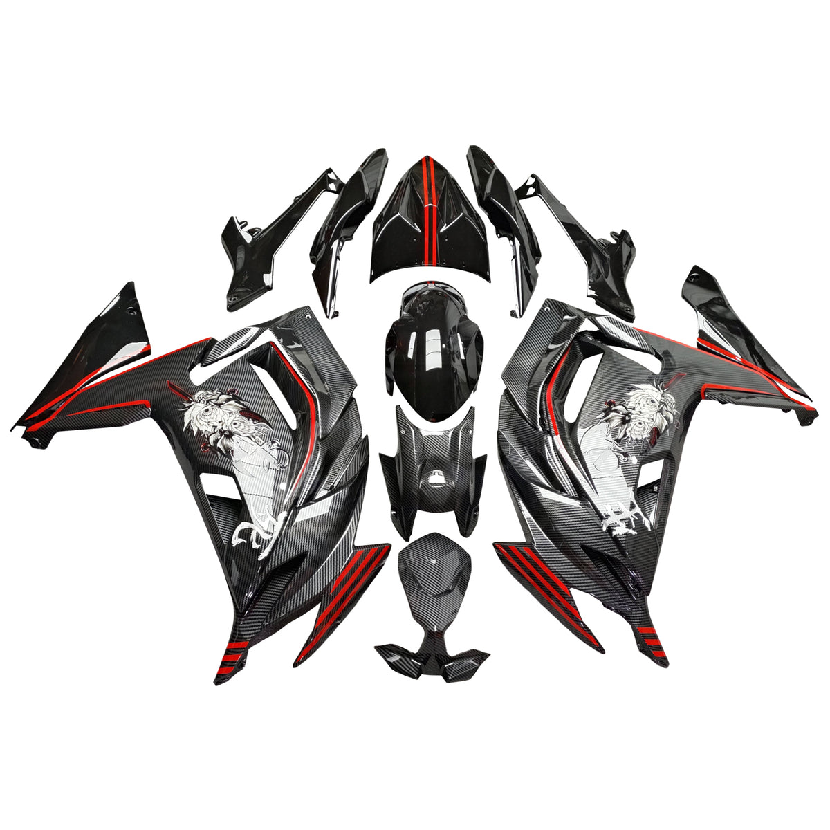 Amotopart 2020–2026 Kawasaki ER-6F Ninja650 Schwarz Rot Weiß Karbonfaser-Muster-Verkleidungsset