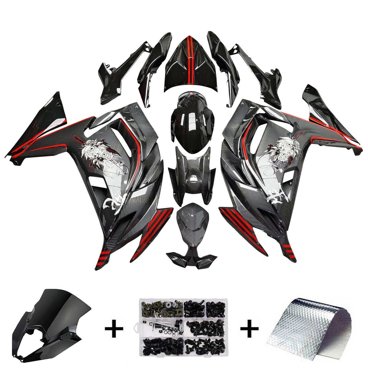 Amotopart 2020–2026 Kawasaki ER-6F Ninja650 Schwarz Rot Weiß Karbonfaser-Muster-Verkleidungsset