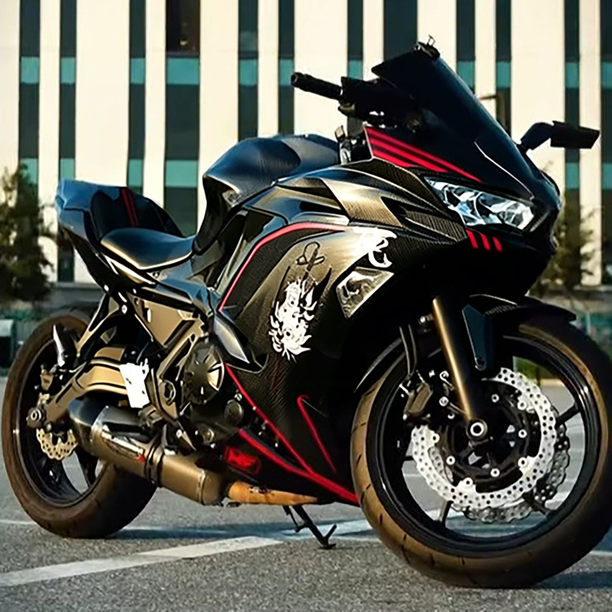 Amotopart 2020–2026 Kawasaki ER-6F Ninja650 Schwarz Rot Weiß Karbonfaser-Muster-Verkleidungsset
