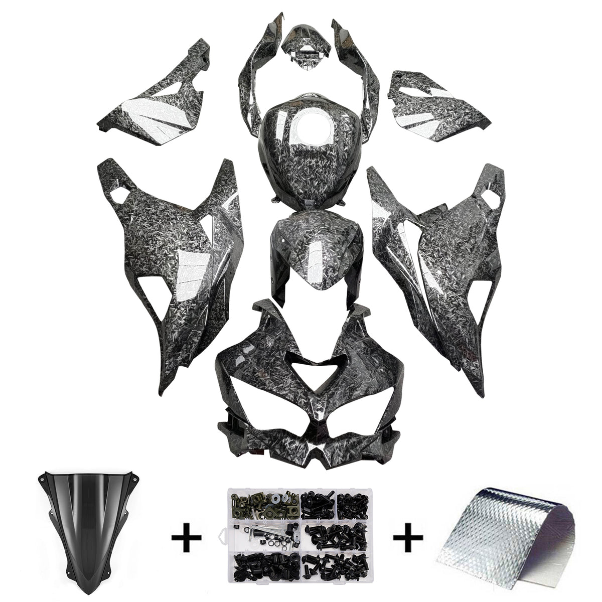 Amotopart 2019-2026 Kawasaki Ninja ZX-25R ZX-4R ZX-4RR Sort Hvid Forged Carbon Fiber Pattern Fairing Kit