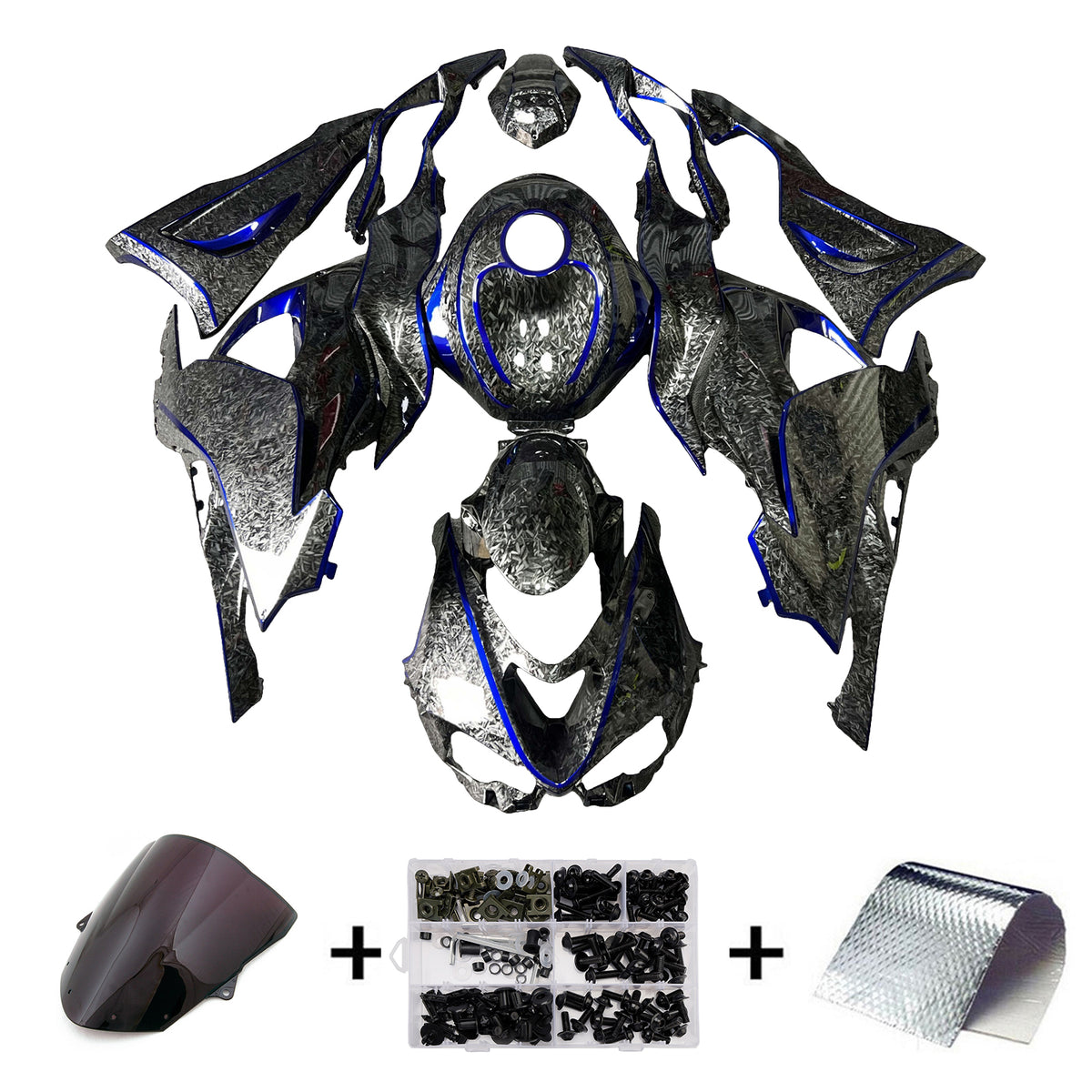 Amotopart 2024-2026 Kawasaki ZX-6R Black Blue Forged Carbon Fiber Pattern Fairing Kit