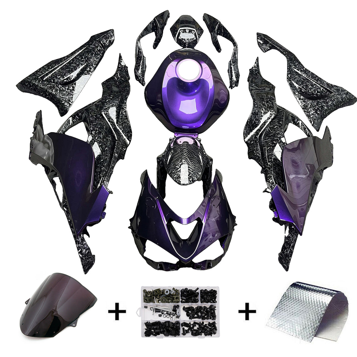 Amotopart 2024-2026 Kawasaki ZX-6R Black Purple Forged Carbon Fiber Pattern Fairing Kit