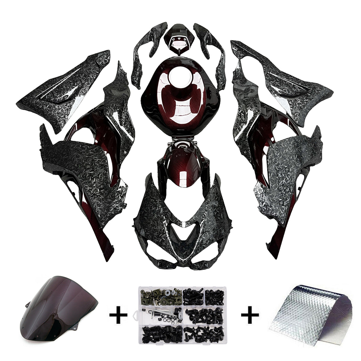 Amotopart 2024-2026 Kawasaki ZX-6R Black Red Carbon Fiber Pattern Fairing Kit