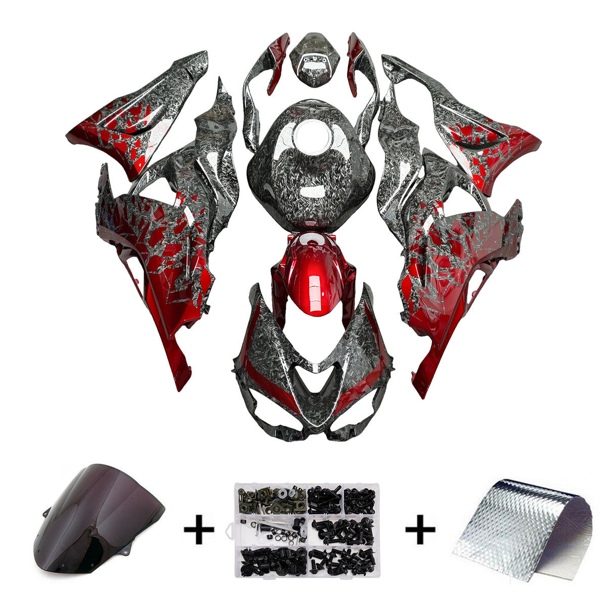 Amotopart 2024-2026 Kawasaki ZX-6R ブラックレッド鍛造カーボンファイバーパターンフェアリングキット