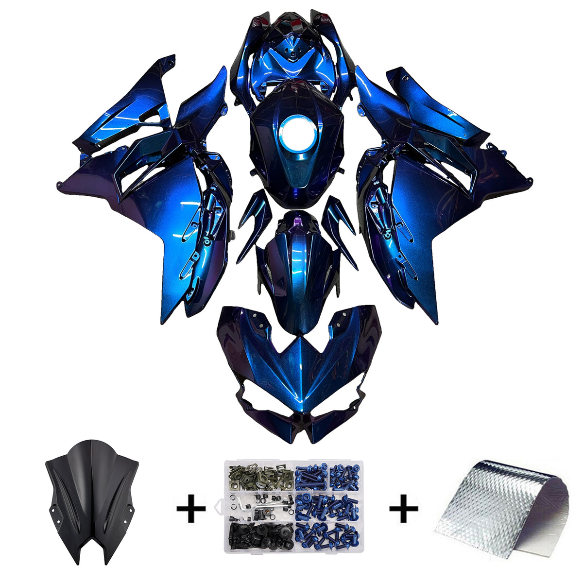 Amotopart 2024-2026 Kawasaki Ninja 500 Blue Black Chameleon Fairing Kit