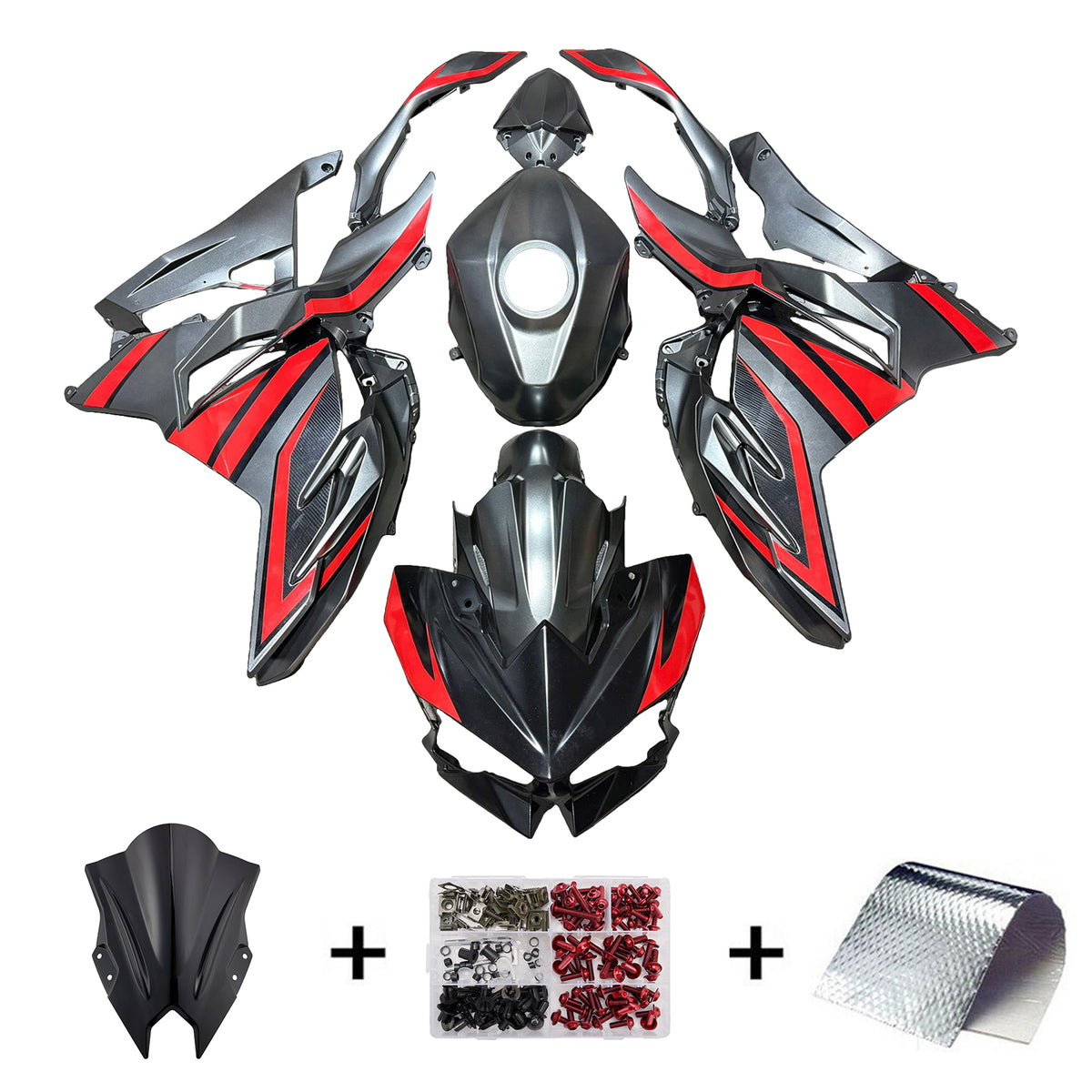 Amotopart 2024-2026 Kawasaki Ninja 500 グレー レッド ブラック カーボンファイバー パターン フェアリングキット