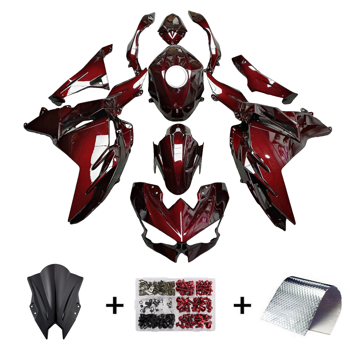 Amotopart 2024-2026 Kawasaki Ninja 500 Red Black Carbon Fiber Pattern Fairing Kit