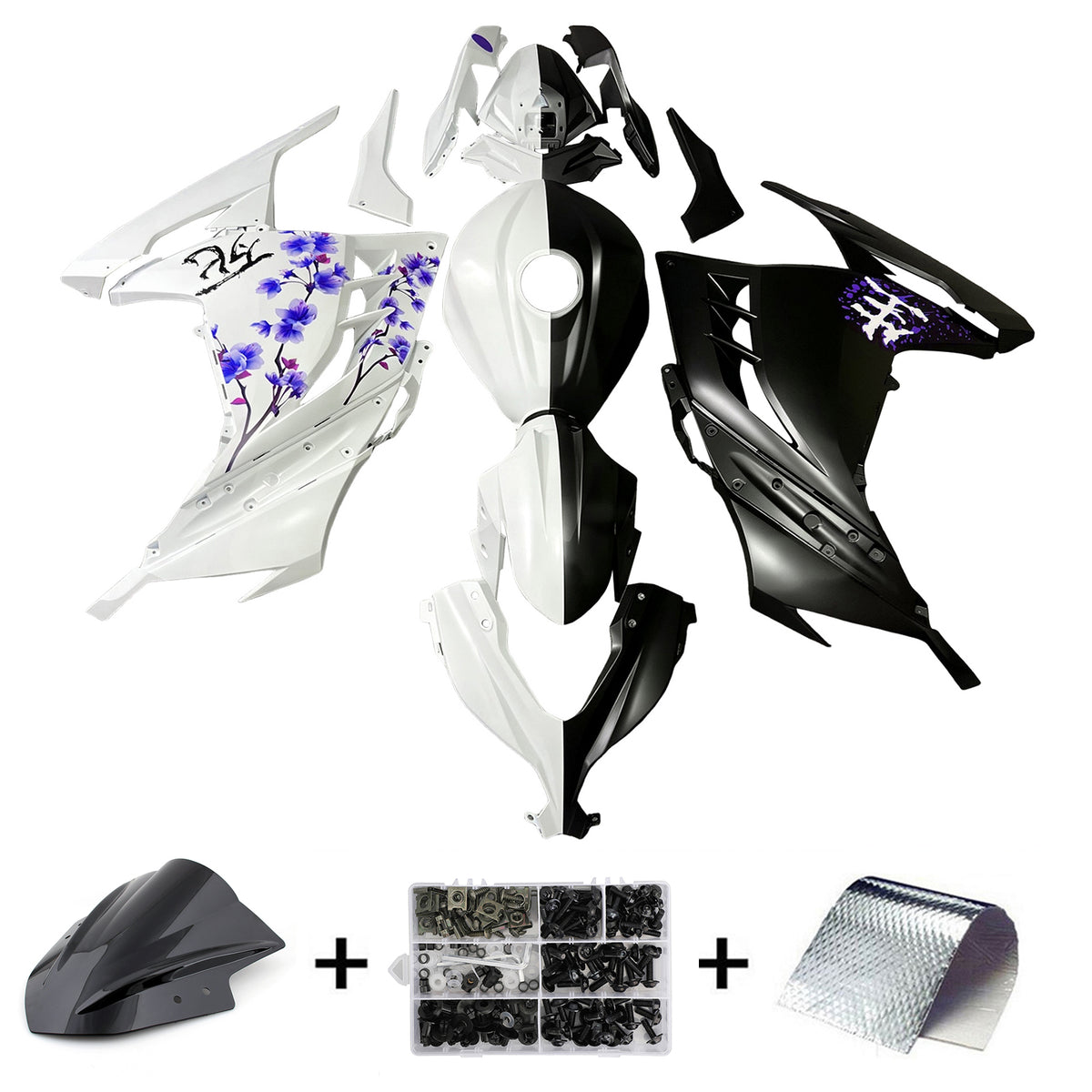 Amotopart 2013-2024 Kawasaki EX300 Ninja300 White Black Purple Fairing Kit