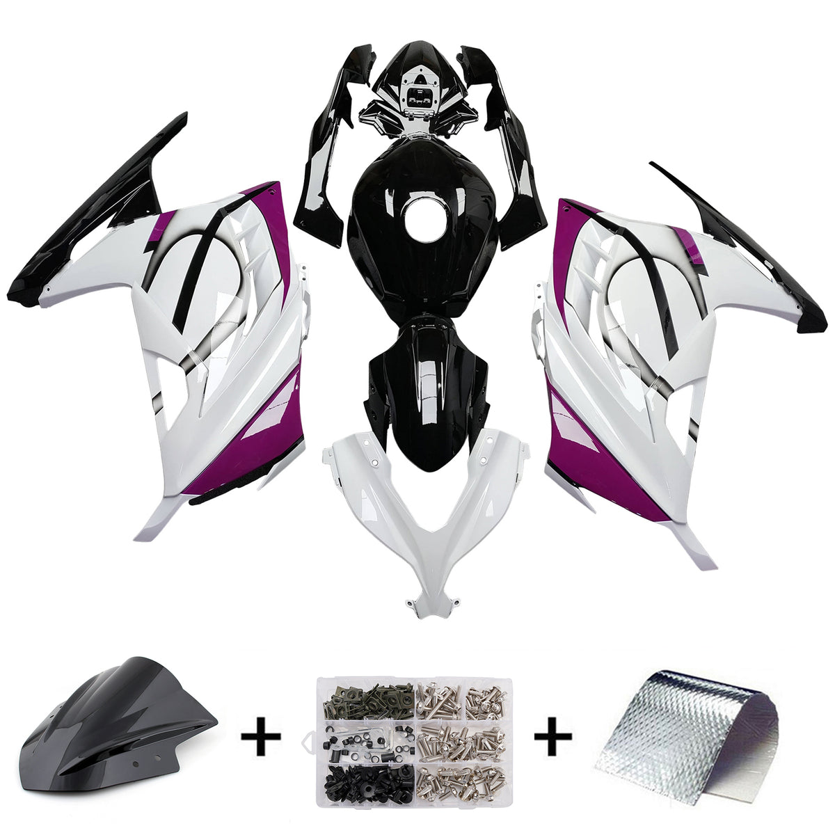 Amotopart 2013-2024 Kawasaki EX300 Ninja300 White Purple Black Fairing Kit