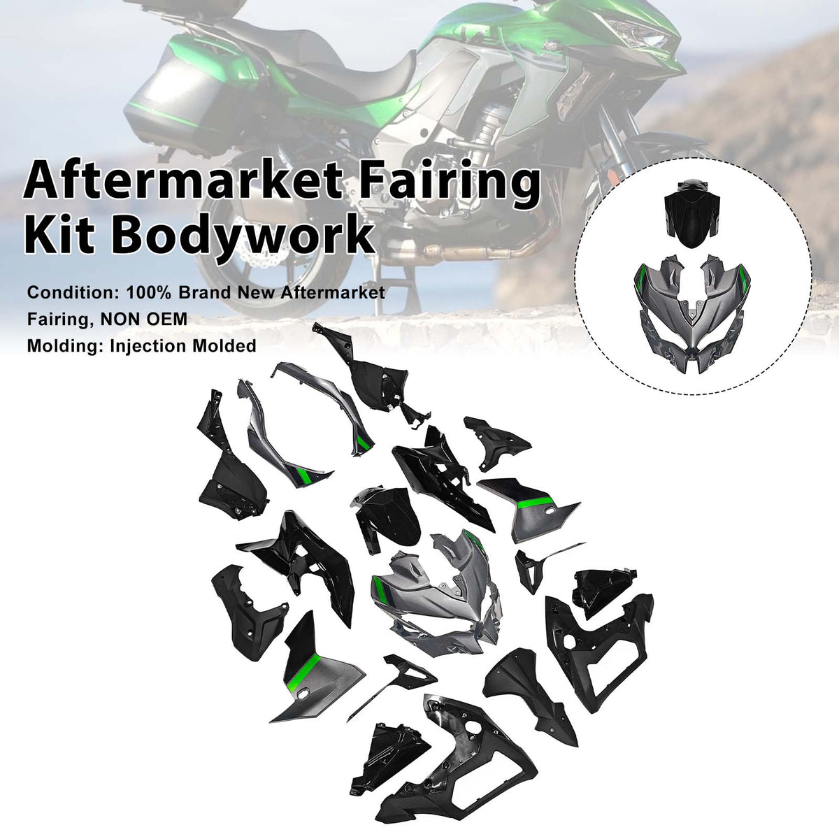 Amotopart 2019-2024 Kawasaki Versys 1000 Grå Sort Grøn Fairing Kit